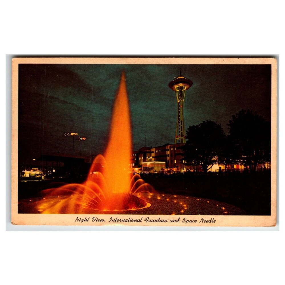 1964 Seattle Space Needle International Fountain Night View Postcard